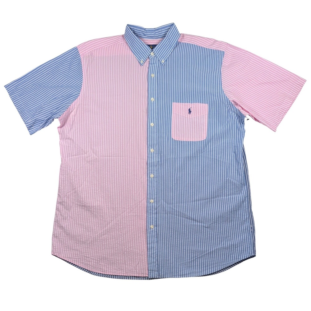 Ralph Lauren Shirt Mens XLT Tall Pink Blue Striped Seersucker Untucked Fit Pony